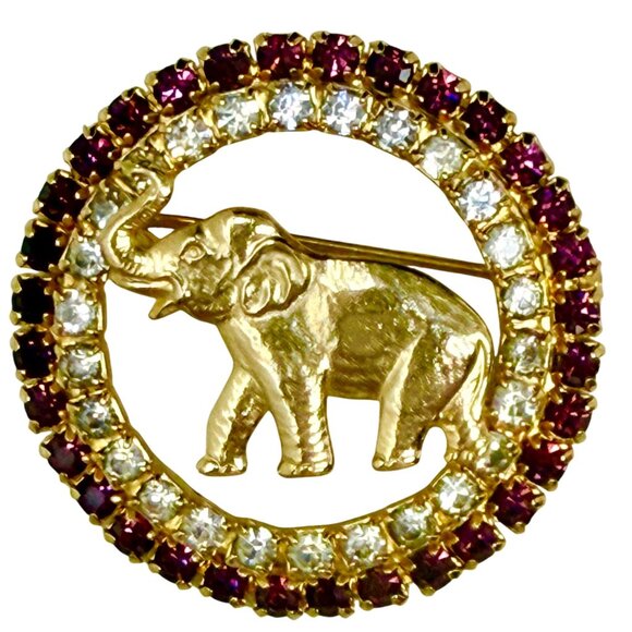 Jospeh Warner Brooch Pin Elephant Ruby Red Clear Rhinestone Gold Tone Round 1.5" - Picture 3 of 5